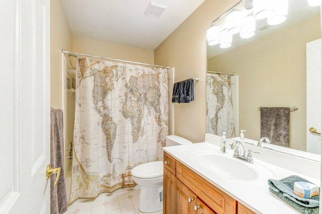 bathroom with toilet, vanity, a shower with shower curtain, and tile patterned flooring