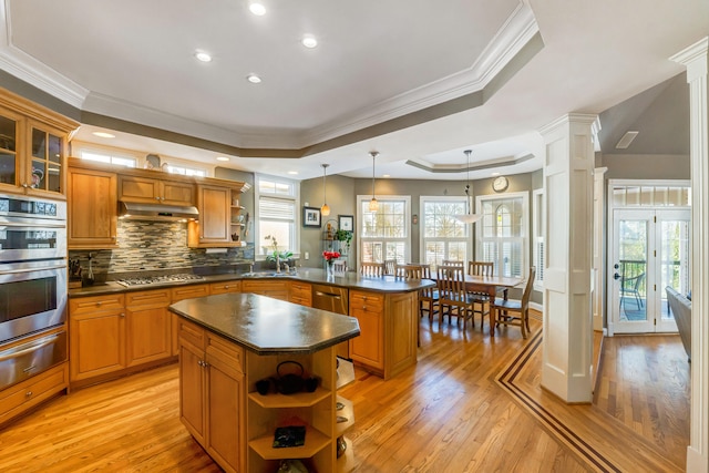 kitchen with pendant lighting, stainless steel appliances, a center island, a tray ceiling, and kitchen peninsula