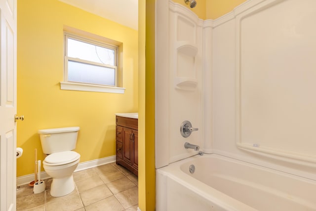 full bathroom with bathing tub / shower combination, toilet, tile patterned floors, and vanity