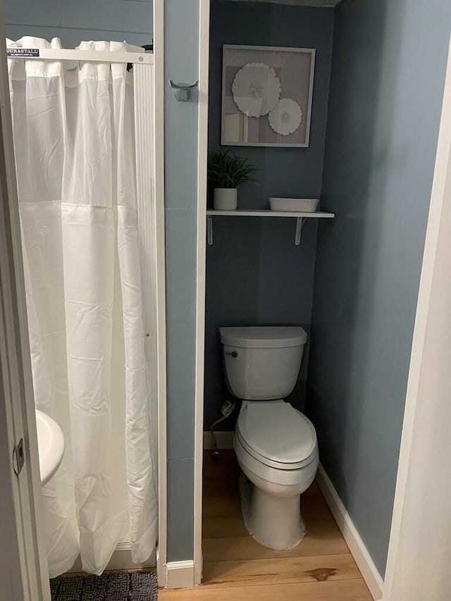 bathroom with hardwood / wood-style flooring and toilet