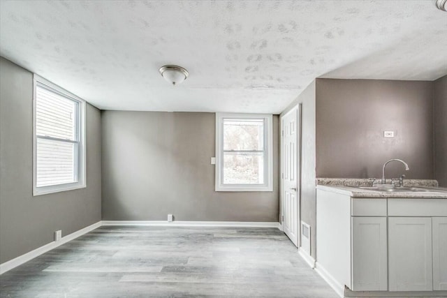 interior space with sink, a textured ceiling, and light wood-type flooring