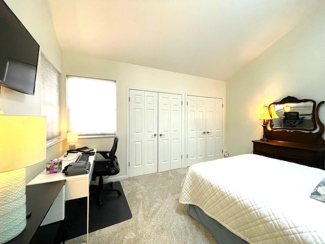 bedroom featuring multiple closets and carpet flooring