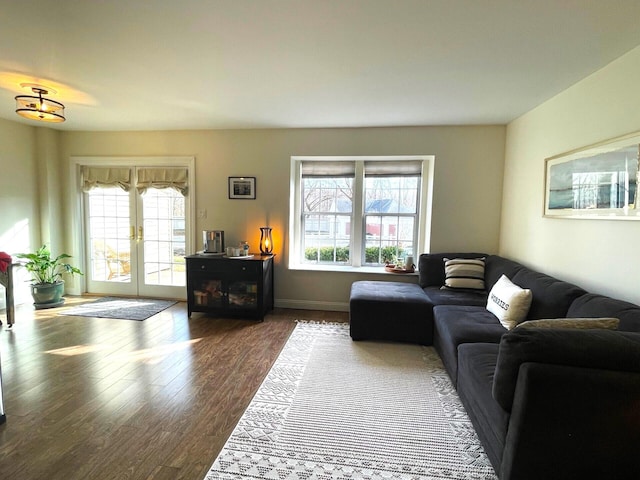 living room with dark hardwood / wood-style flooring and french doors