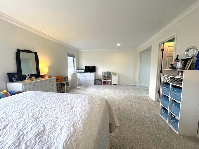 carpeted bedroom with crown molding