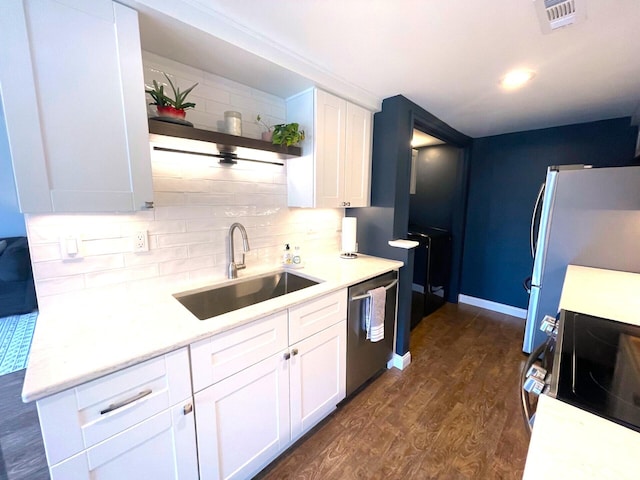 kitchen featuring sink, white cabinetry, dark hardwood / wood-style flooring, stainless steel appliances, and backsplash