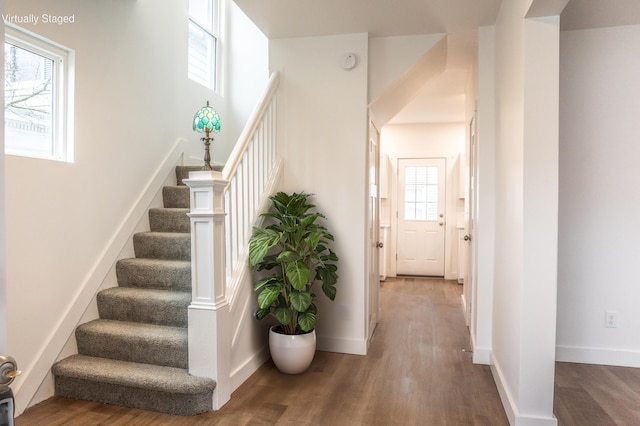 stairway with hardwood / wood-style flooring and a wealth of natural light