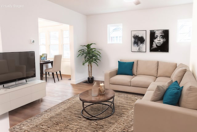 living room featuring wood-type flooring and plenty of natural light