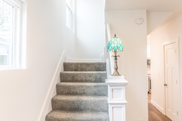 stairs featuring plenty of natural light and hardwood / wood-style floors