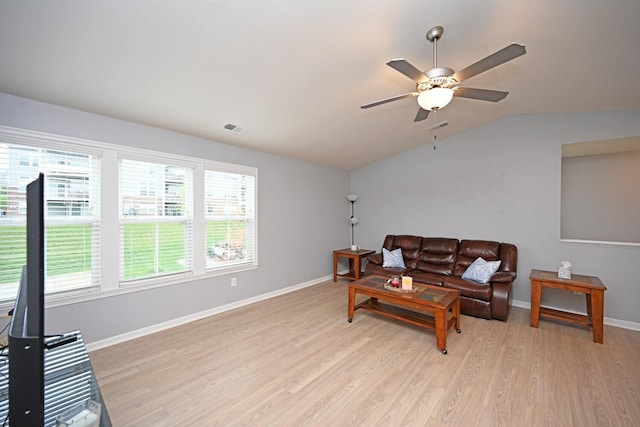 living room with ceiling fan and light wood-type flooring