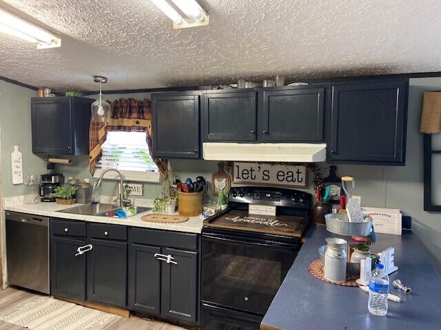 kitchen featuring sink, dishwasher, electric range, a textured ceiling, and light wood-type flooring