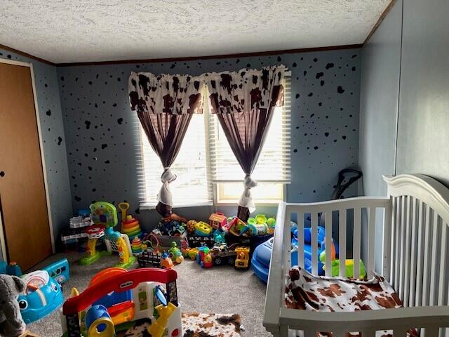 bedroom featuring carpet floors, a crib, ornamental molding, and a textured ceiling