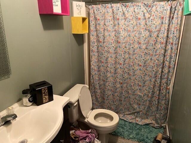 bathroom featuring a shower with curtain, vanity, and toilet