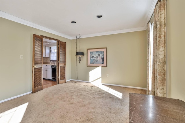 interior space featuring crown molding, sink, and carpet floors