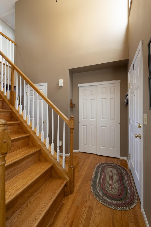 foyer entrance with a towering ceiling and light hardwood / wood-style flooring