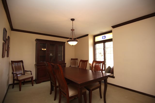 carpeted dining room featuring crown molding