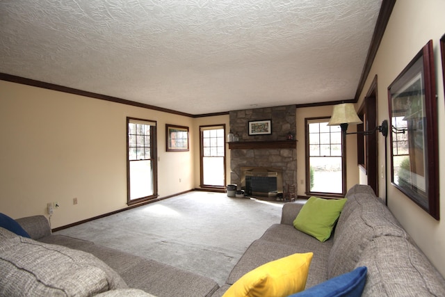 living room with ornamental molding, a healthy amount of sunlight, and light carpet