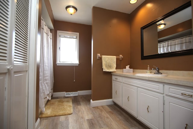 bathroom with wood-type flooring and vanity