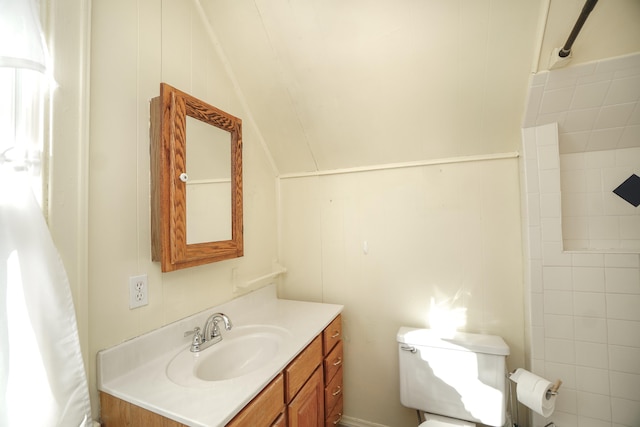 bathroom with walk in shower, lofted ceiling, vanity, and toilet