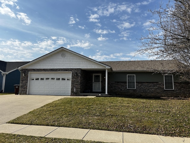 single story home with concrete driveway, stone siding, a garage, and a front yard