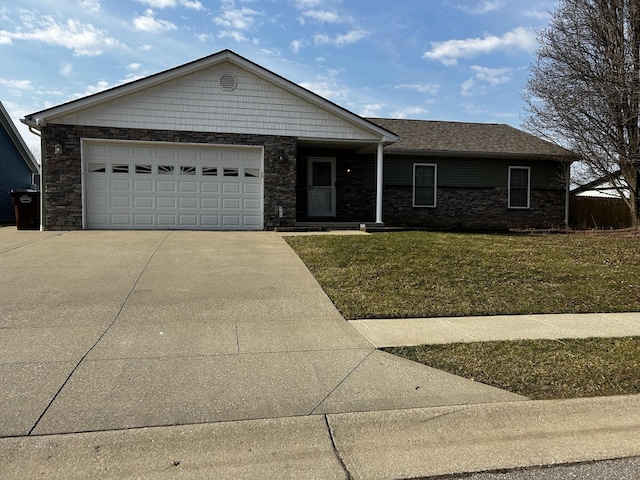 ranch-style home with a garage, a front lawn, and driveway