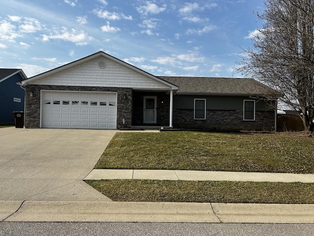 ranch-style house with a front lawn, an attached garage, stone siding, and driveway