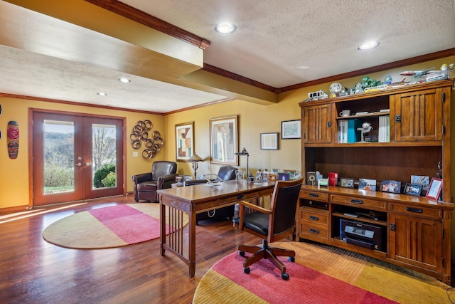 office featuring french doors, ornamental molding, light hardwood / wood-style floors, and a textured ceiling