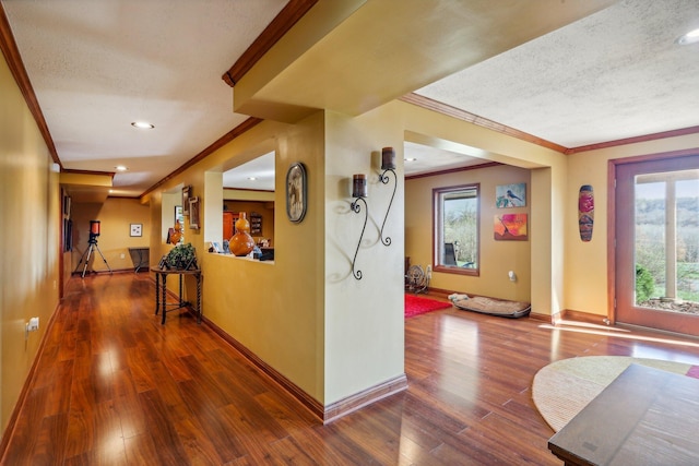 corridor with dark hardwood / wood-style flooring, ornamental molding, and a textured ceiling