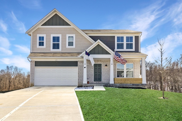 view of front of property with driveway, brick siding, board and batten siding, and a front lawn