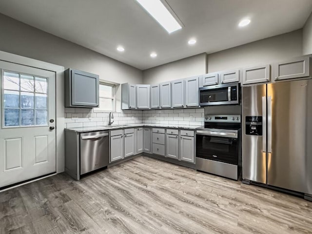 kitchen with sink, gray cabinetry, stainless steel appliances, light hardwood / wood-style floors, and backsplash