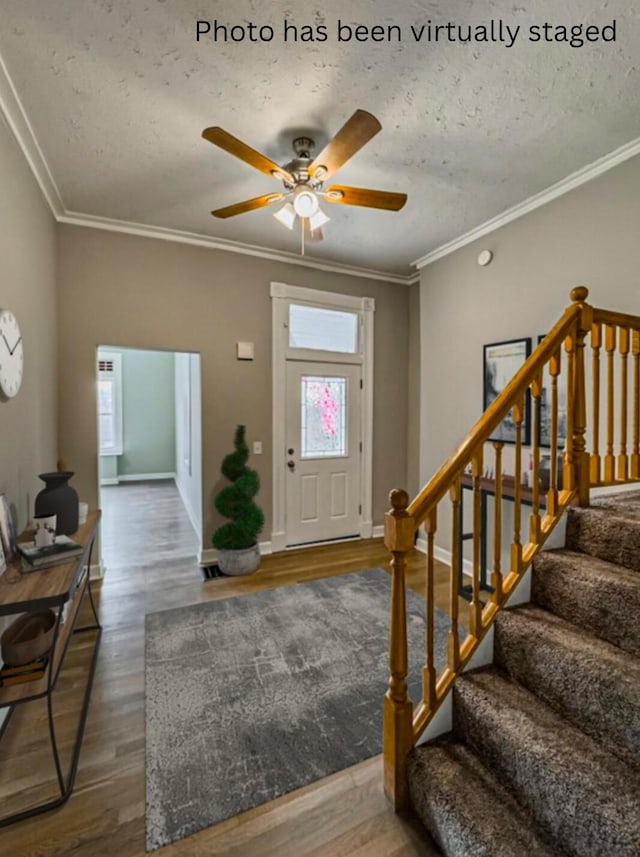 entrance foyer featuring crown molding, dark wood-type flooring, ceiling fan, and a textured ceiling