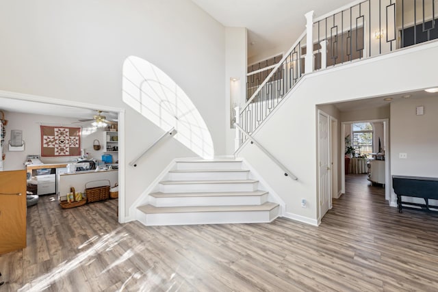 15027 Madison Pike, Morning View, KY 41063 - stairs with wood finished floors, ceiling fan, a towering ceiling, and baseboards
