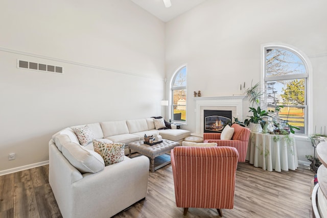 15027 Madison Pike, Morning View, KY 41063 - living room featuring healthy amount of natural light, a high ceiling, a glass covered fireplace, wood finished floors, and baseboards