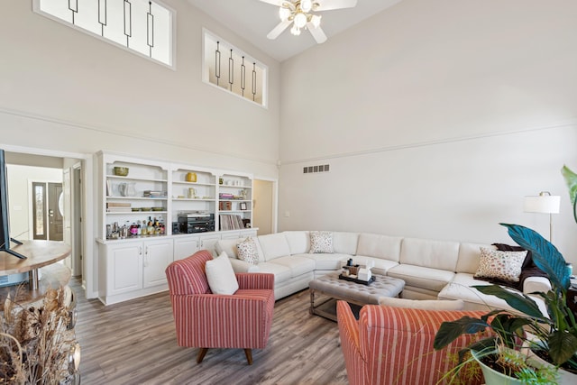 15027 Madison Pike, Morning View, KY 41063 - living room featuring high vaulted ceiling, ceiling fan, and wood finished floors