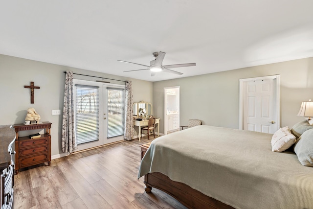 15027 Madison Pike, Morning View, KY 41063 - bedroom featuring access to exterior, light wood-style flooring, french doors, ceiling fan, and baseboards
