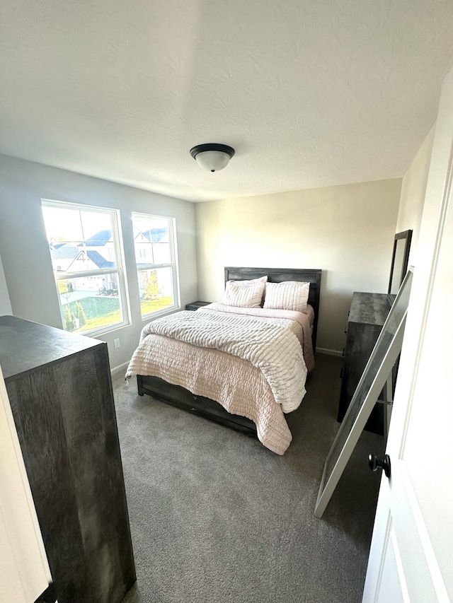 bedroom featuring dark colored carpet