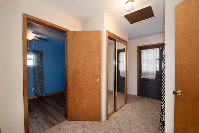 corridor with a healthy amount of sunlight and carpet flooring