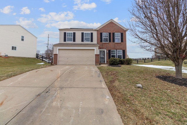 view of front of property with a garage and a front lawn