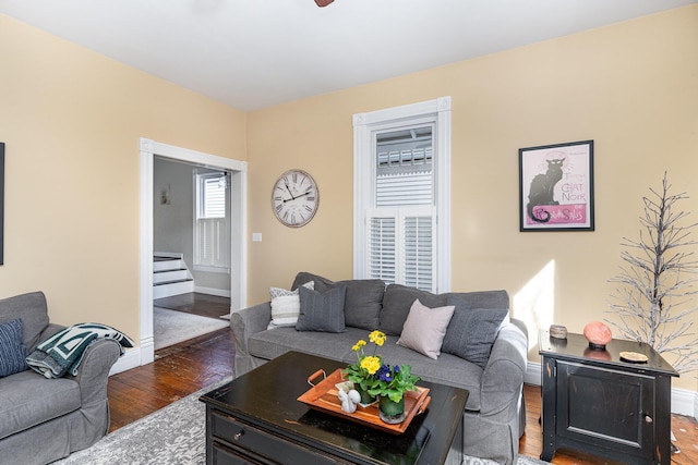 living room with dark hardwood / wood-style floors