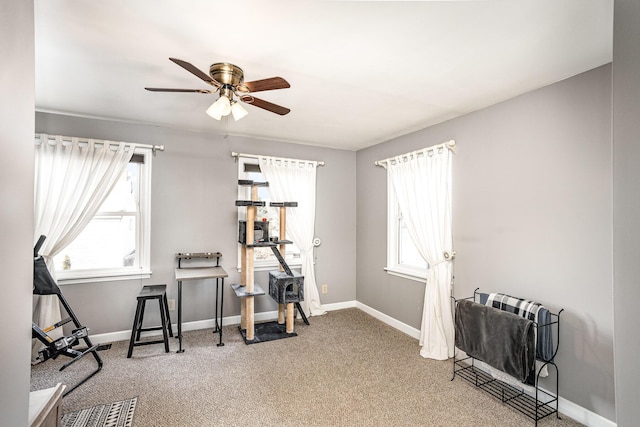 miscellaneous room with carpet flooring and ceiling fan