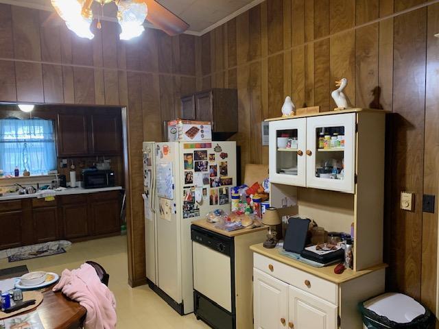 336 Roland Ave, Owenton, KY 40359 - kitchen featuring white appliances, white cabinets, light countertops, glass insert cabinets, and crown molding