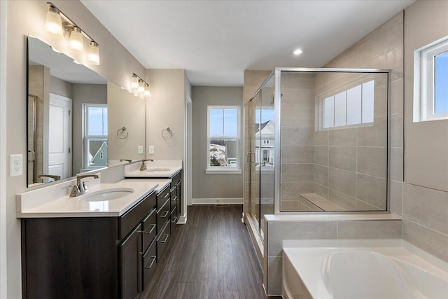 bathroom featuring a shower stall, a garden tub, vanity, and a healthy amount of sunlight