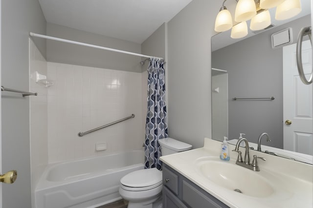 full bathroom featuring vanity, shower / tub combo with curtain, and toilet