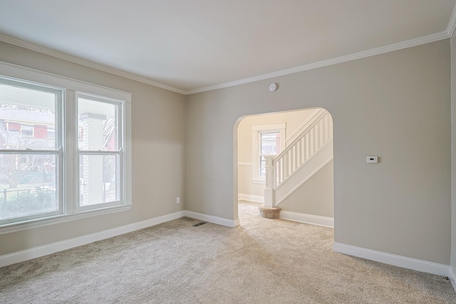 carpeted empty room featuring ornamental molding