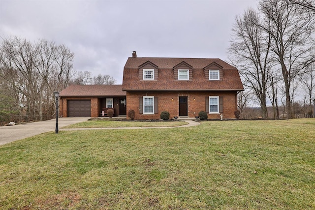 new england style home with a garage and a front lawn