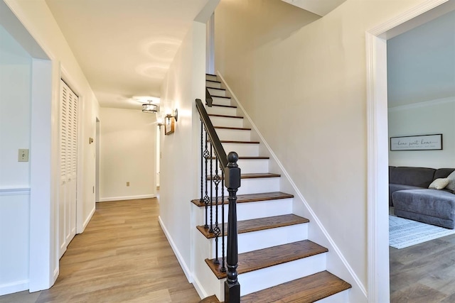 staircase with hardwood / wood-style floors