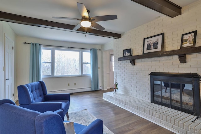 living room featuring beamed ceiling, a baseboard radiator, dark hardwood / wood-style flooring, and ceiling fan