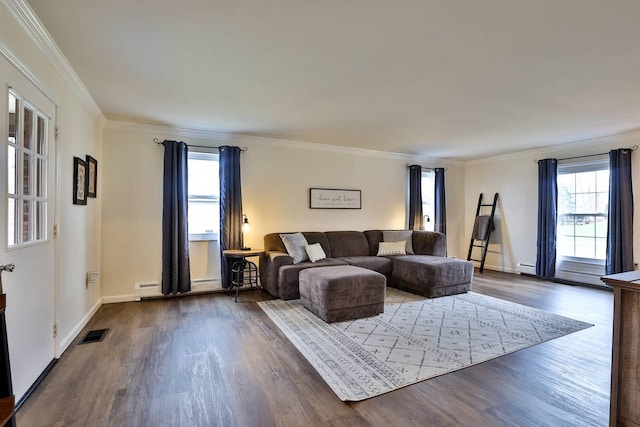 living room with a baseboard heating unit, crown molding, and wood-type flooring