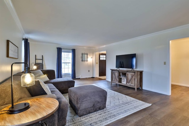 living room with dark hardwood / wood-style flooring and crown molding