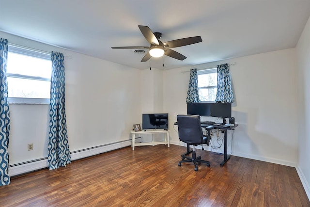 office area featuring dark hardwood / wood-style flooring and ceiling fan