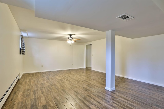 interior space with ceiling fan, a baseboard radiator, and dark hardwood / wood-style floors